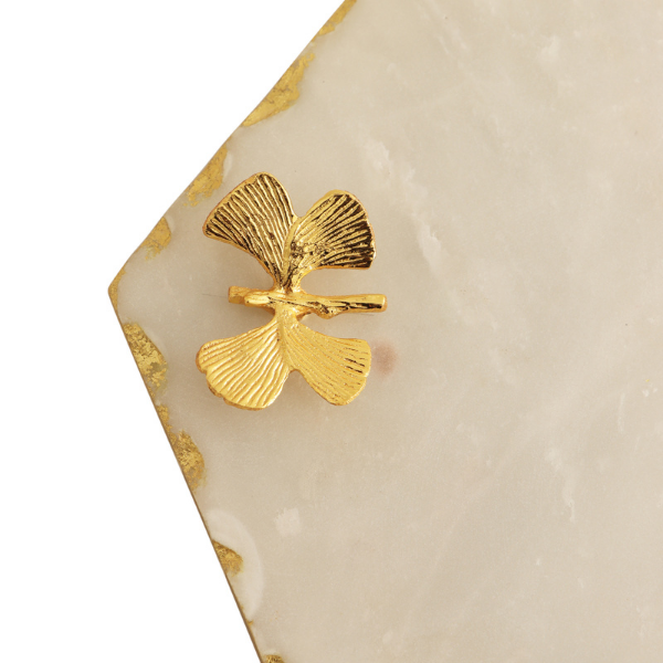 NikkisPride Marble Platter Hexagon White With Gold Foil Work    Metal butterfly  Embedded  - image 2